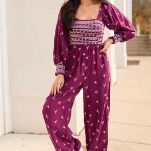 NWT Pink Lily Burgundy Floral Stitched Smocked Top Jumpsuit
